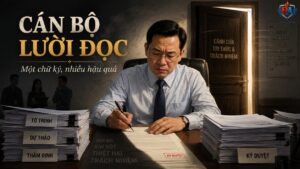 Minh họa truyện Lười đọc phần 2 về cán bộ lười đọc, chữ ký thiếu kiểm tra và hậu quả của việc không đọc kỹ văn bản trước khi ký.
