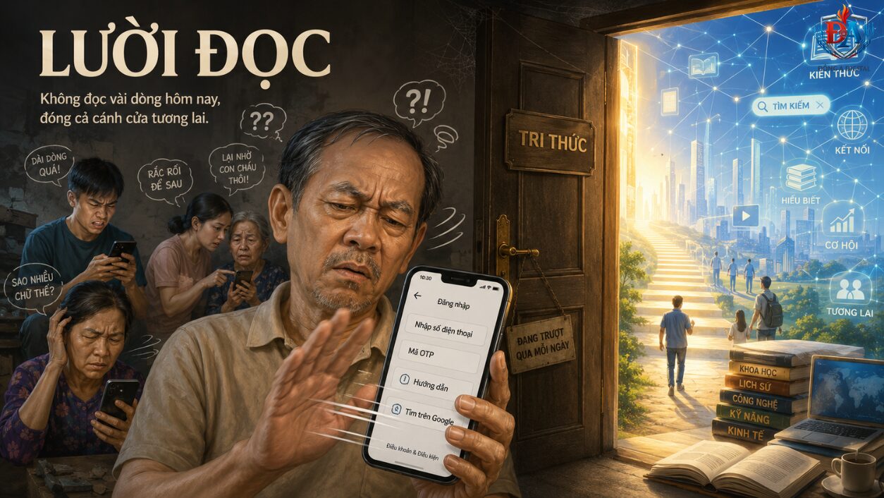 Minh họa bài viết Lười đọc – thói quen không chịu đọc hướng dẫn trên điện thoại khiến con người tự đóng cánh cửa tri thức trong thời đại số.