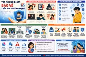 Infographic cảnh báo các nguy cơ trẻ em gặp phải trên Internet và gợi ý giải pháp bảo vệ trẻ em an toàn trên môi trường mạng.