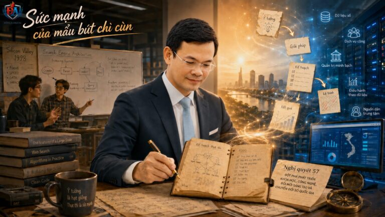 Cán bộ ghi chép kế hoạch thực hiện Nghị quyết 57 minh họa cho thành ngữ một bộ óc thiên tài không bằng một mẩu bút chì cùn