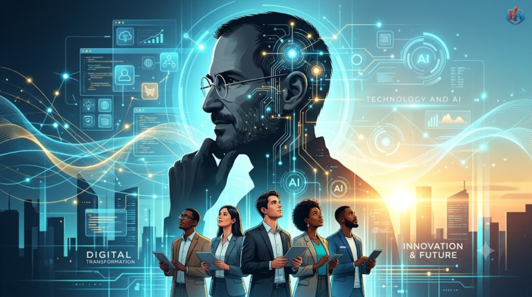 Hình ảnh minh họa Steve Jobs và thế hệ trẻ tiên phong trong kỷ nguyên chuyển đổi số và công nghệ tương lai